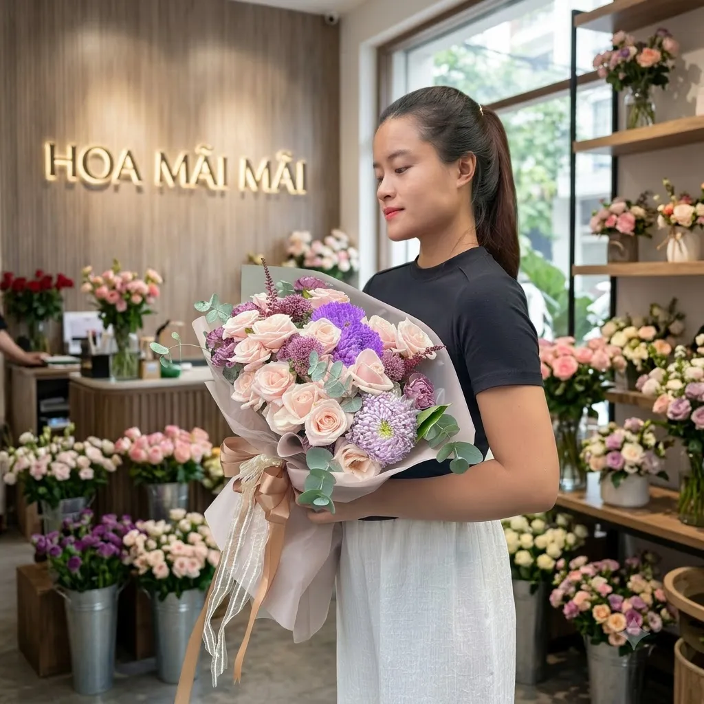 Bó hoa hồng kem phối cúc tím tại Chiêm Hóa, Tuyên Quang