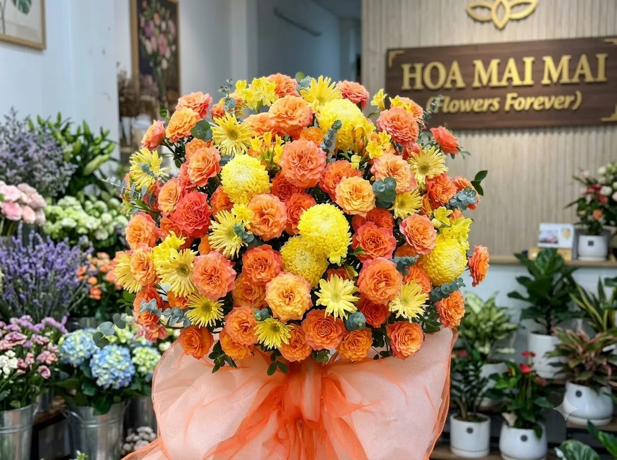 Lẵng hoa cúc vàng cam trưng bày tại Đường Nguyễn Văn Linh, Hồ Chí Minh