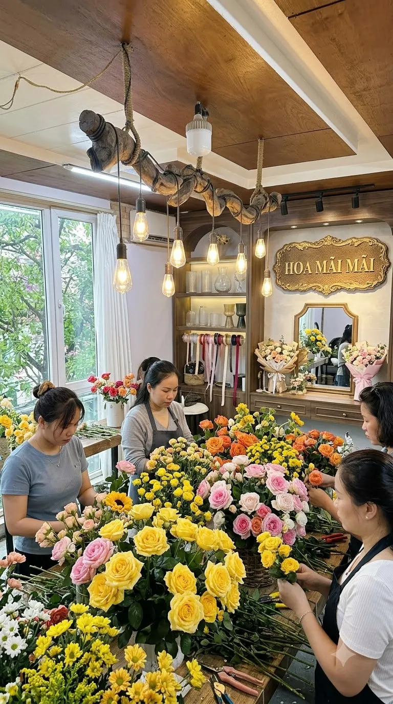 Xưởng cắm hoa với hồng vàng và hồng phấn tại Trà Ôn, Vĩnh Long