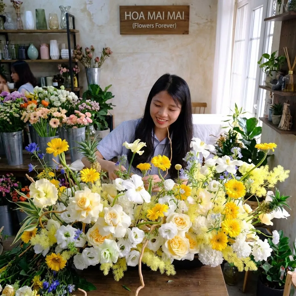 Mảng hoa cúc vàng trắng trên bàn tại Huyện Gò Quao, Kiên Giang