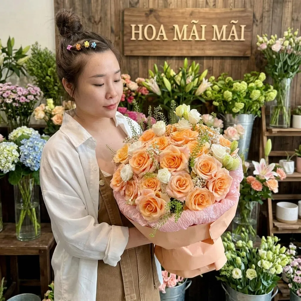Bó hoa hồng cam đào cắm tròn tại Bà Rịa, Vũng Tàu