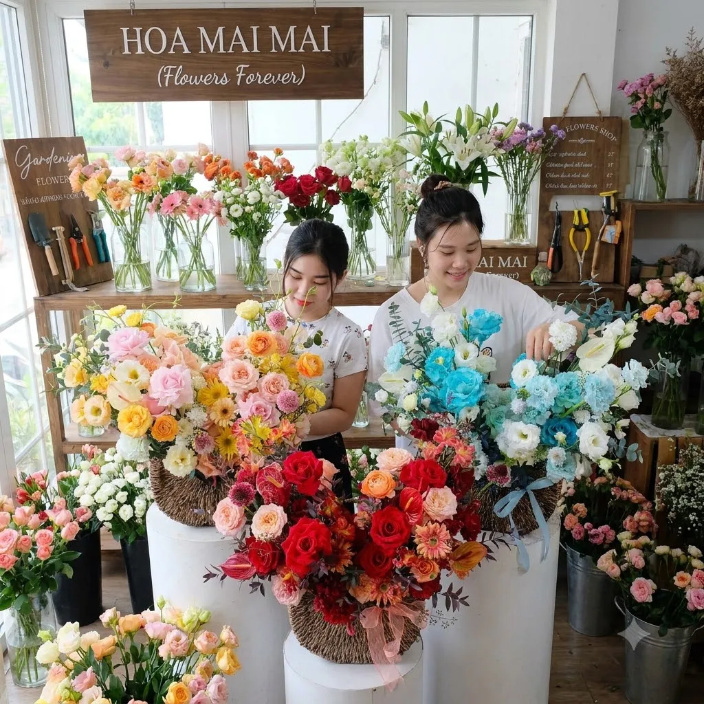 Quầy trưng bày giỏ hoa nhiều tông màu tại Huyện Vạn Ninh, Khánh Hòa