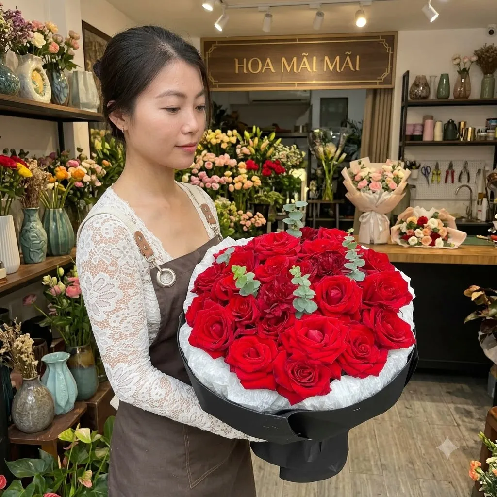 Hộp hoa hồng đỏ điểm lá bạc tại Huyện Lộc Ninh, Bình Phước