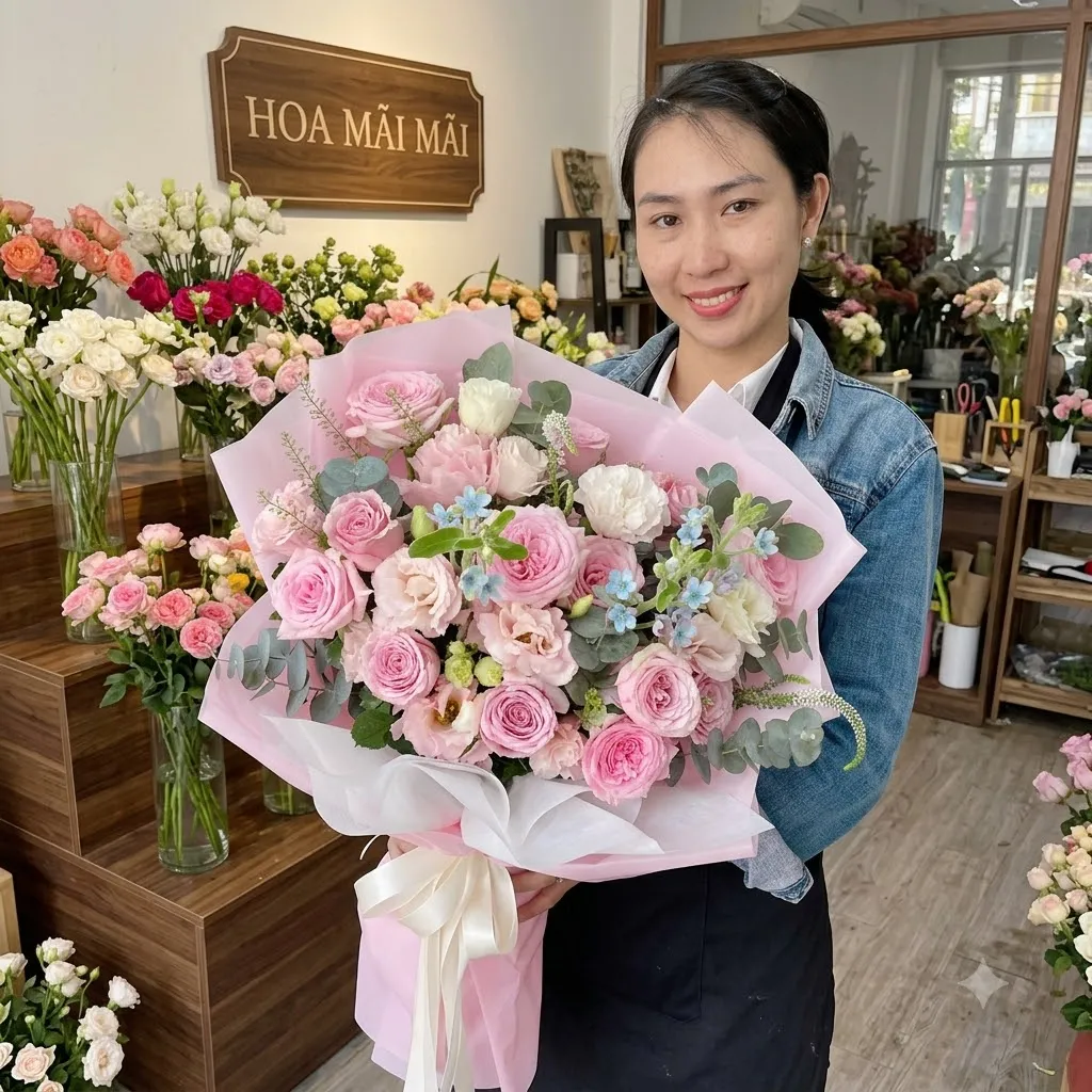 Bó hồng phấn gói giấy hồng nhạt tại Huyện Duy Tiên, Hà Nam