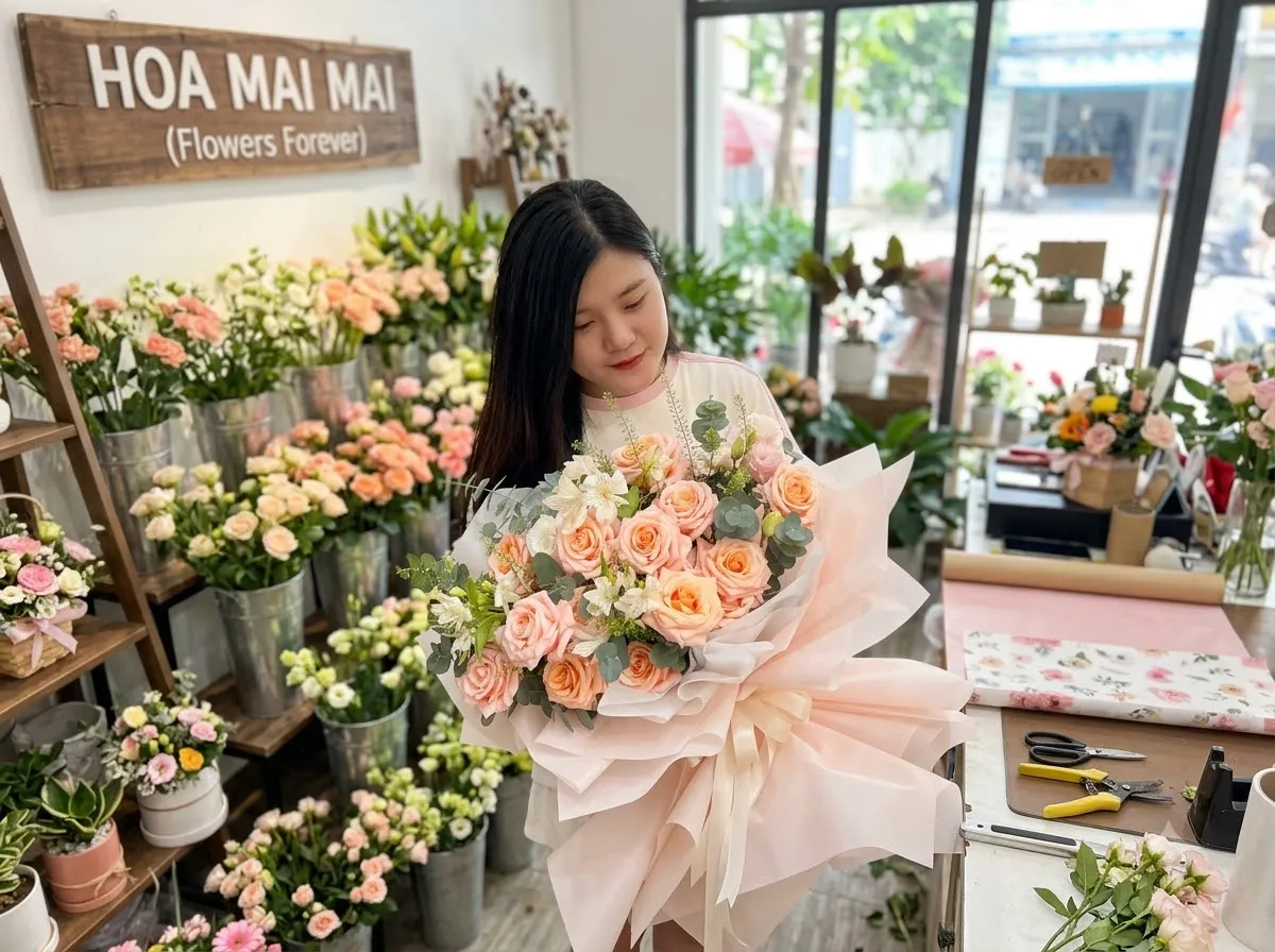 Bó hồng cam phấn gói giấy hồng nhạt tại Thọ Xuân, Thanh Hóa