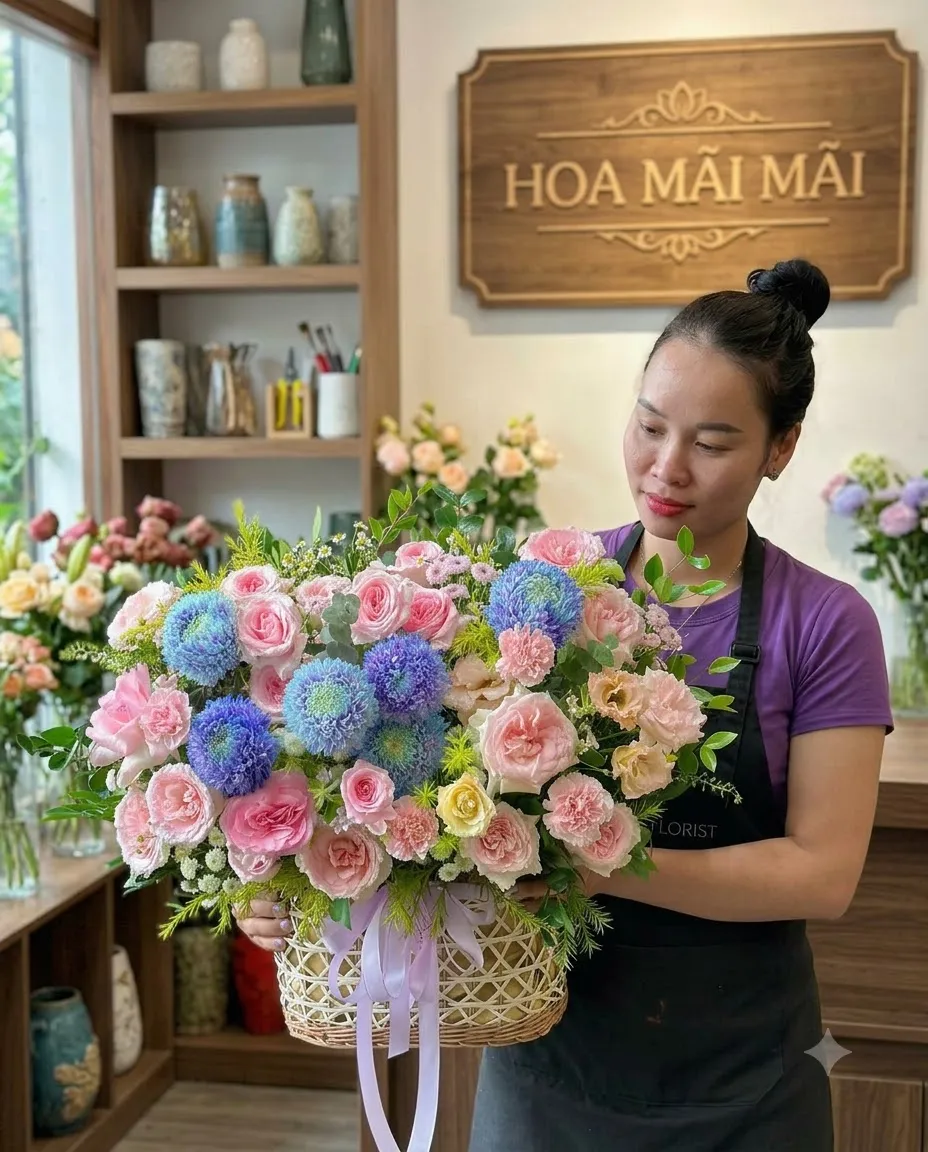 Giỏ hoa hồng pastel điểm cúc xanh tại Thới Lai, Cần Thơ