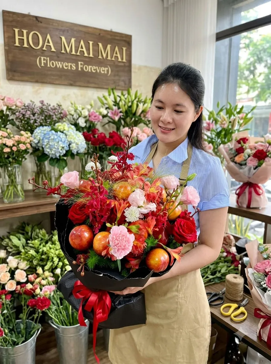 Bó hoa đỏ cam phối trái cây tại Vĩnh Hưng, Long An