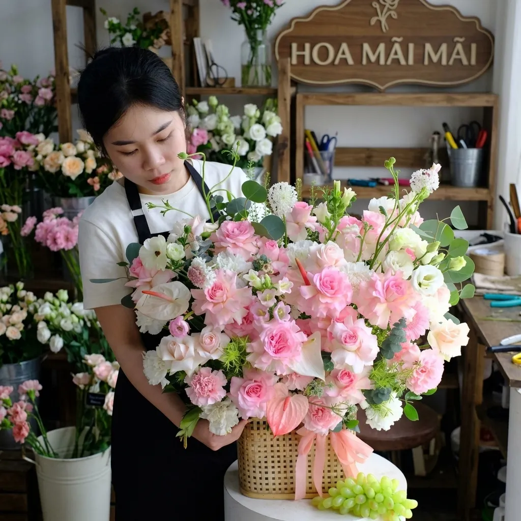 Giỏ hoa hồng phấn phối lá bạc tại Đường Nam Kỳ Khởi Nghĩa, Hồ Chí Minh