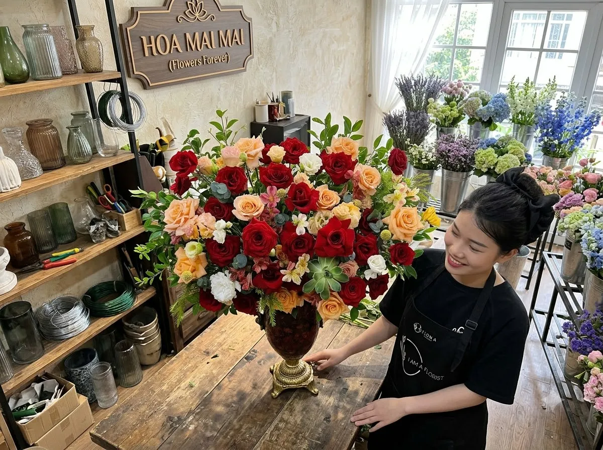 Bình hoa hồng đỏ cam rực rỡ tại Thọ Xuân, Thanh Hóa