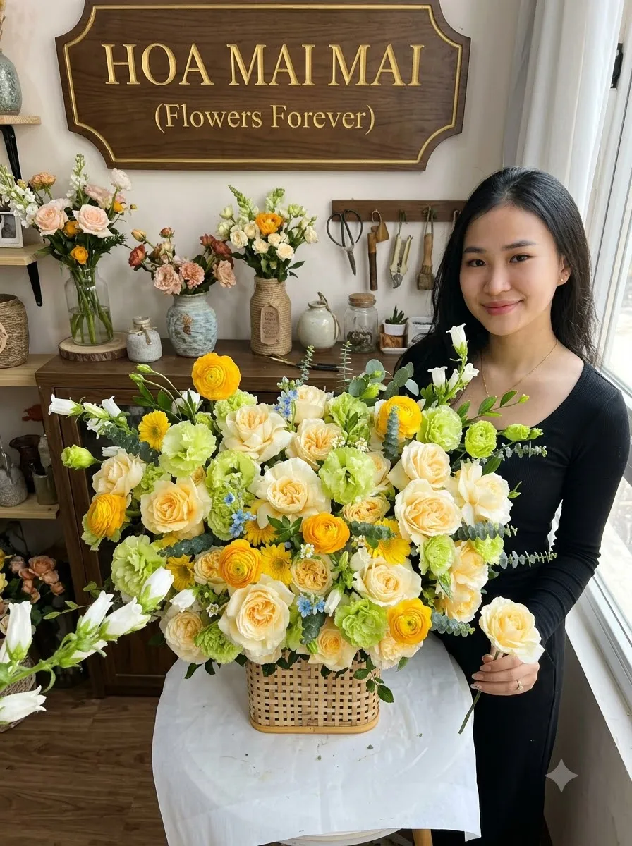 Giỏ hoa tông vàng chanh xanh nõn tại Huyện Ngân Sơn, Bắc Kạn