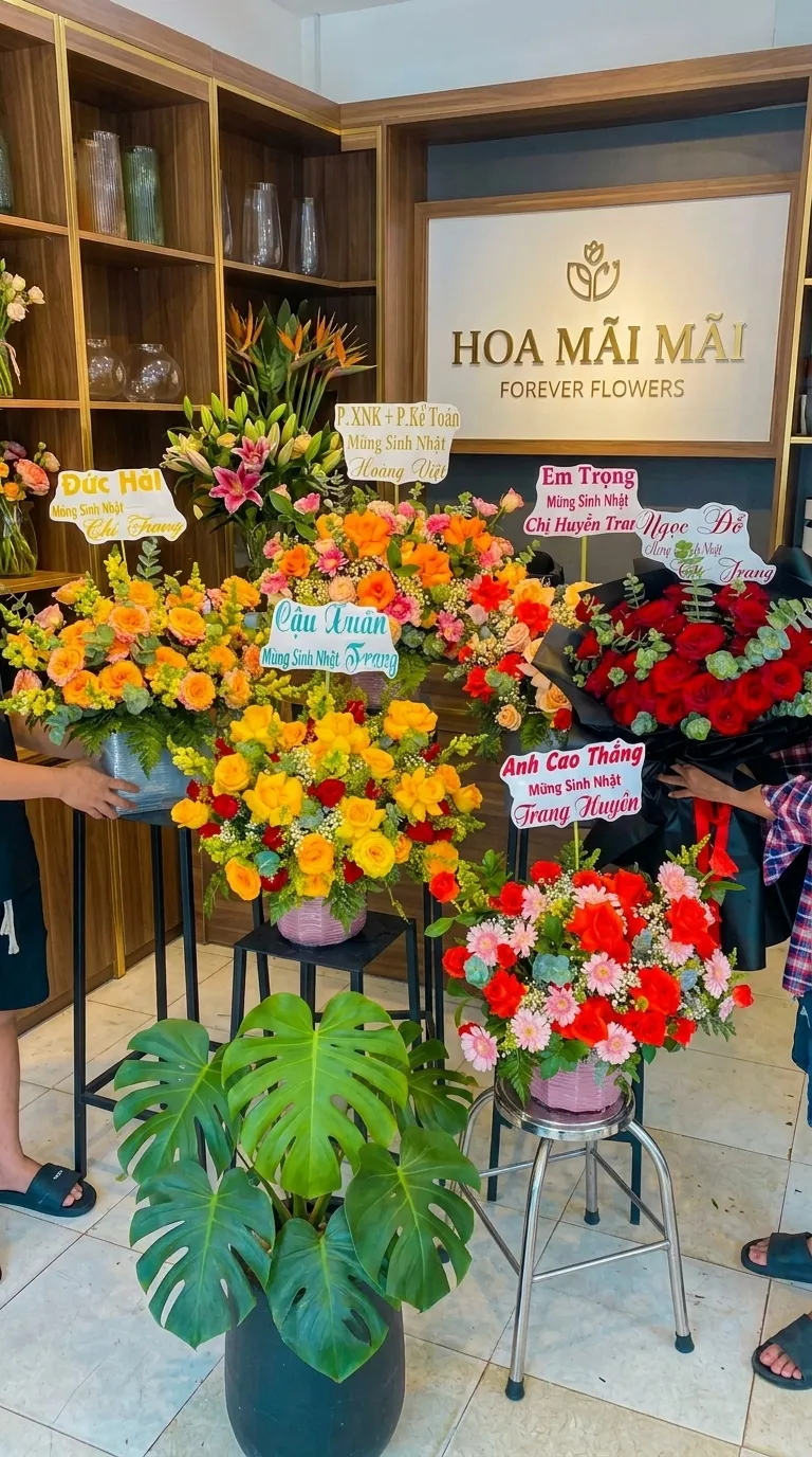 Dàn kệ hoa sinh nhật vàng cam tại Thái Bình