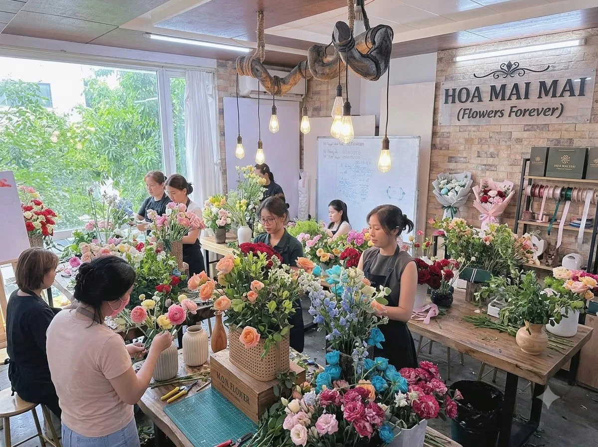 Lớp cắm hoa tại cửa hàng tại Duyên Hải, Trà Vinh