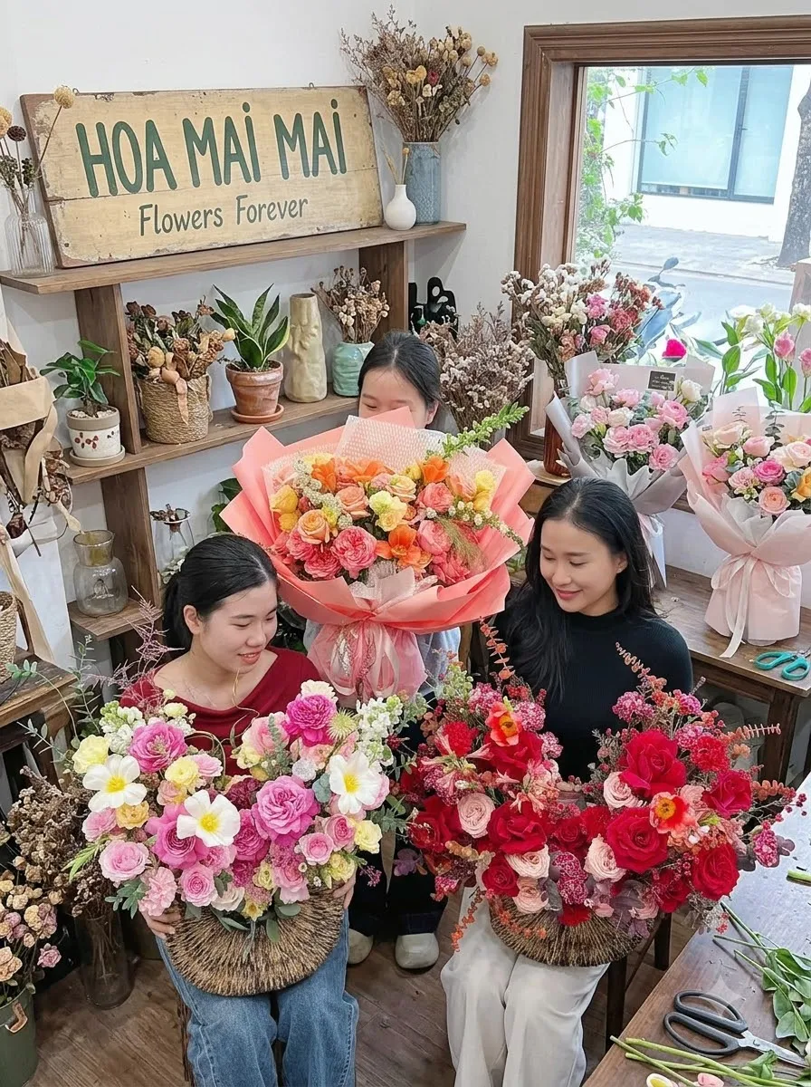 Thợ hoa cùng giỏ hoa mới cắm tại Cam Ranh, Khánh Hòa