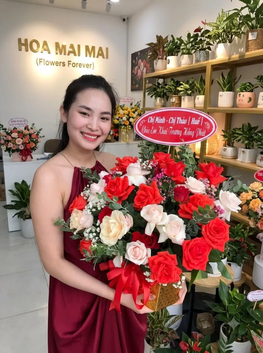 Giỏ hồng đỏ mừng khai trương kèm nơ tại Đường Dũng Sĩ Thanh Khê, Đà Nẵng