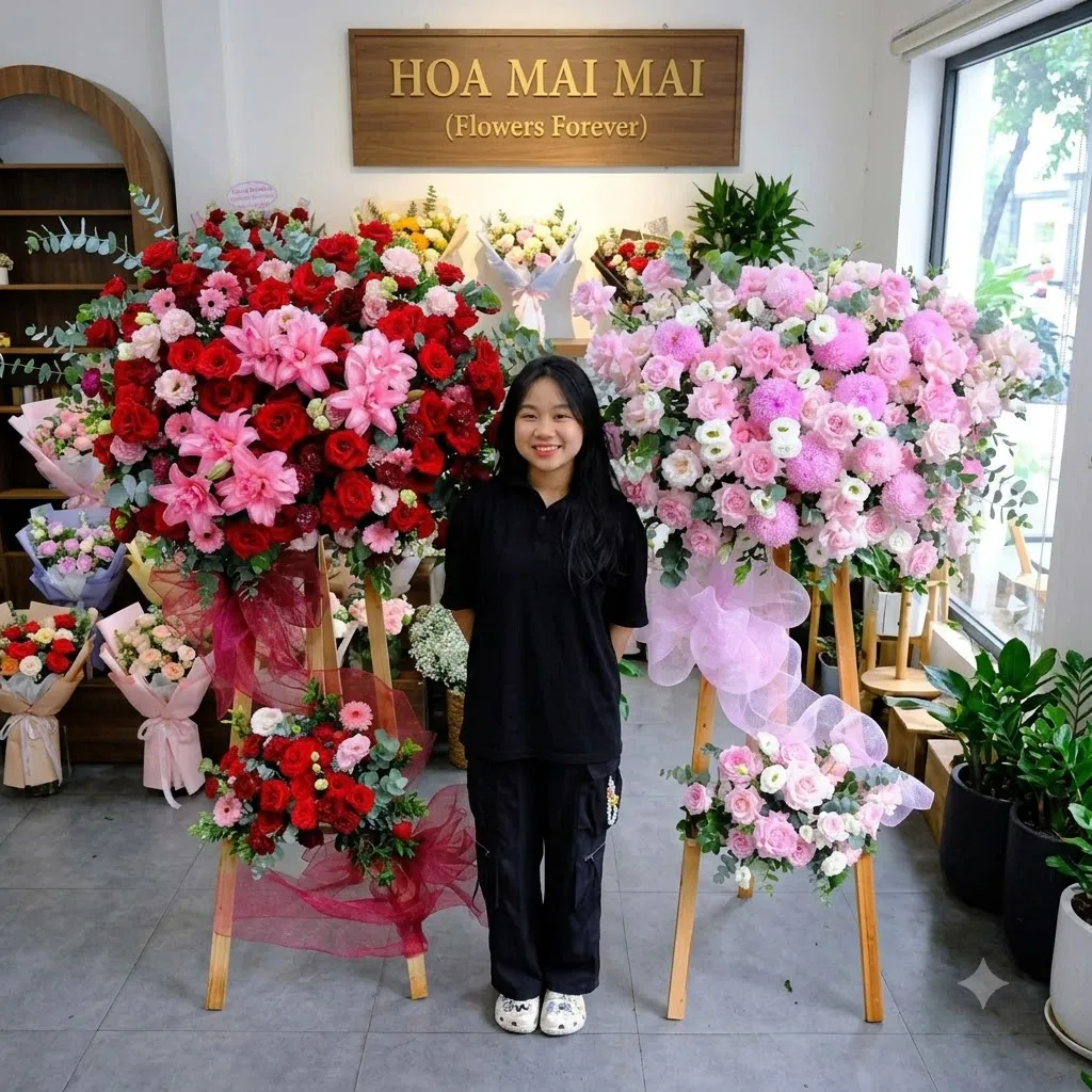 Cặp kệ hoa đỏ hồng chúc mừng tại Huyện Ba Vì, Hà Nội