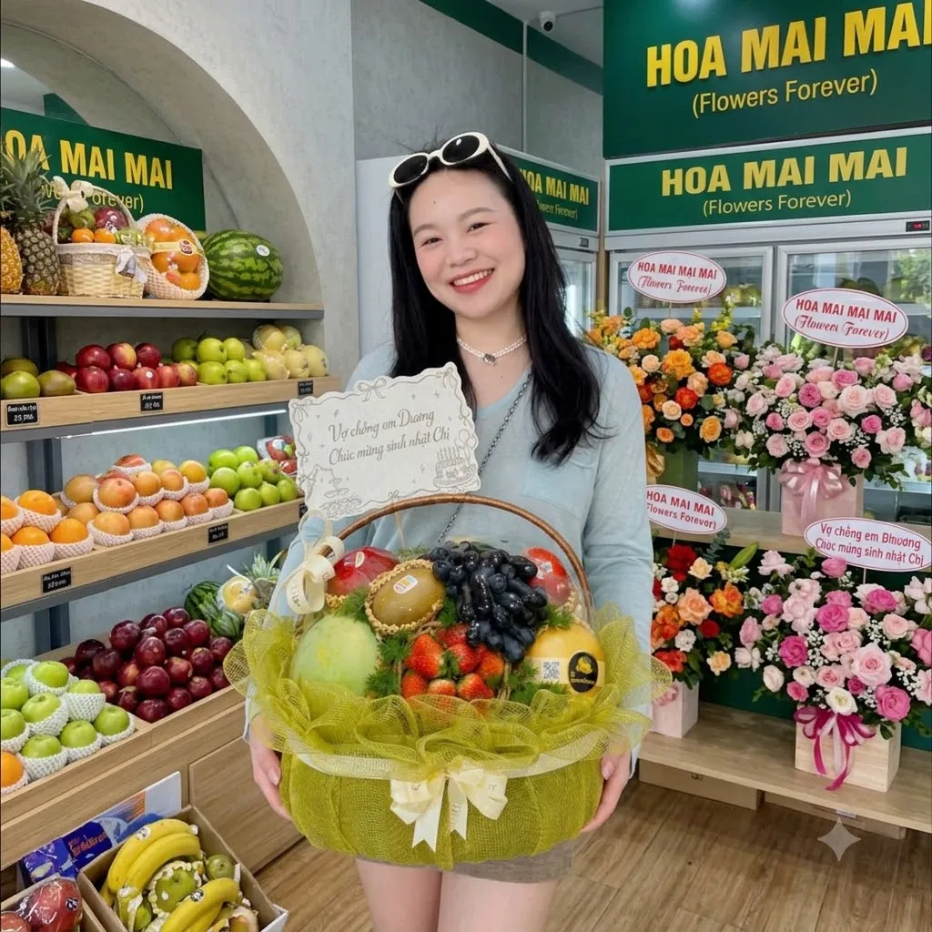 Nhân viên cầm giỏ trái cây xanh kèm thiệp mừng tại Huyện Mường La, Sơn La