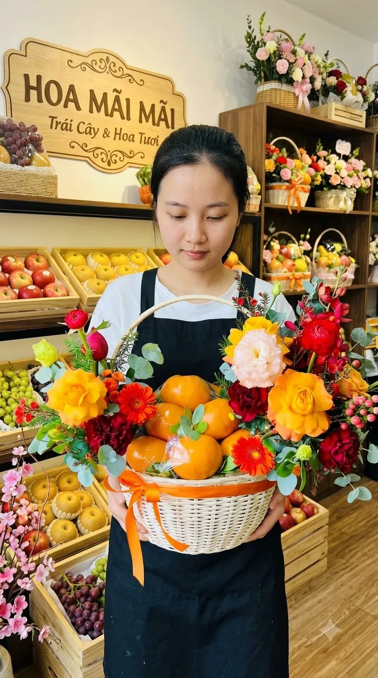 Nhân viên tạp dề cầm giỏ quýt phối hoa đỏ tại Huyện Mường La, Sơn La