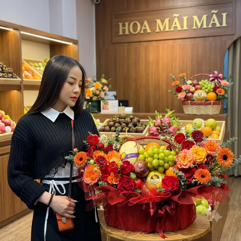 Cô gái ngắm giỏ trái cây lớn trong cửa hàng tại Huyện Kiến Thuỵ, Hải Phòng