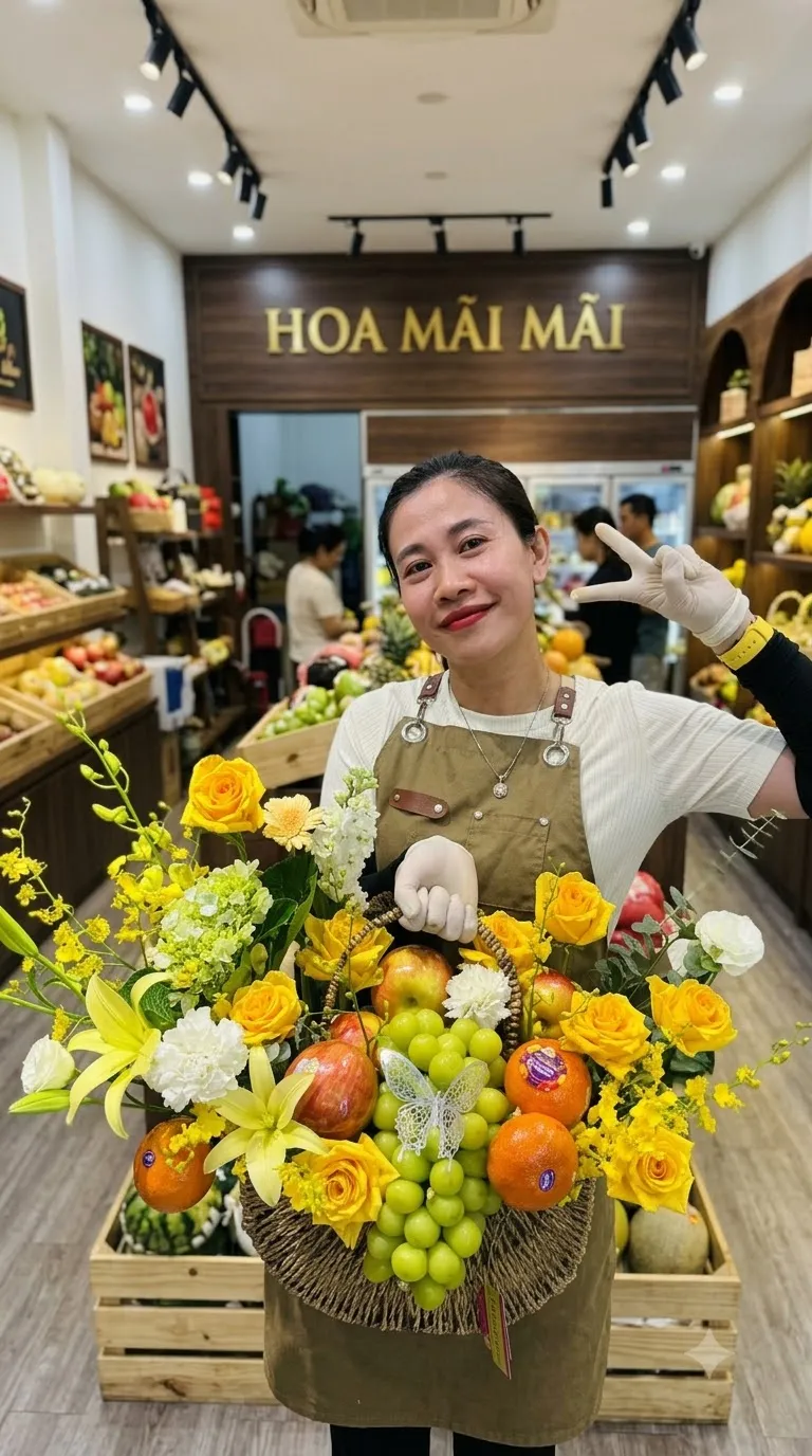 Nhân viên tạo dáng cầm giỏ trái cây vàng trong cửa hàng tại Huyện Kiến Thuỵ, Hải Phòng