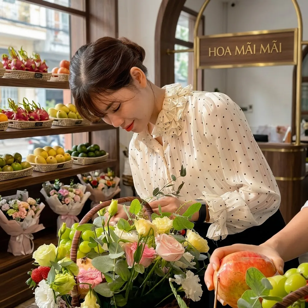 Nhân viên cắm giỏ hoa quả nho xanh phối hồng tại cửa hàng tại Huyện Kiến Thuỵ, Hải Phòng