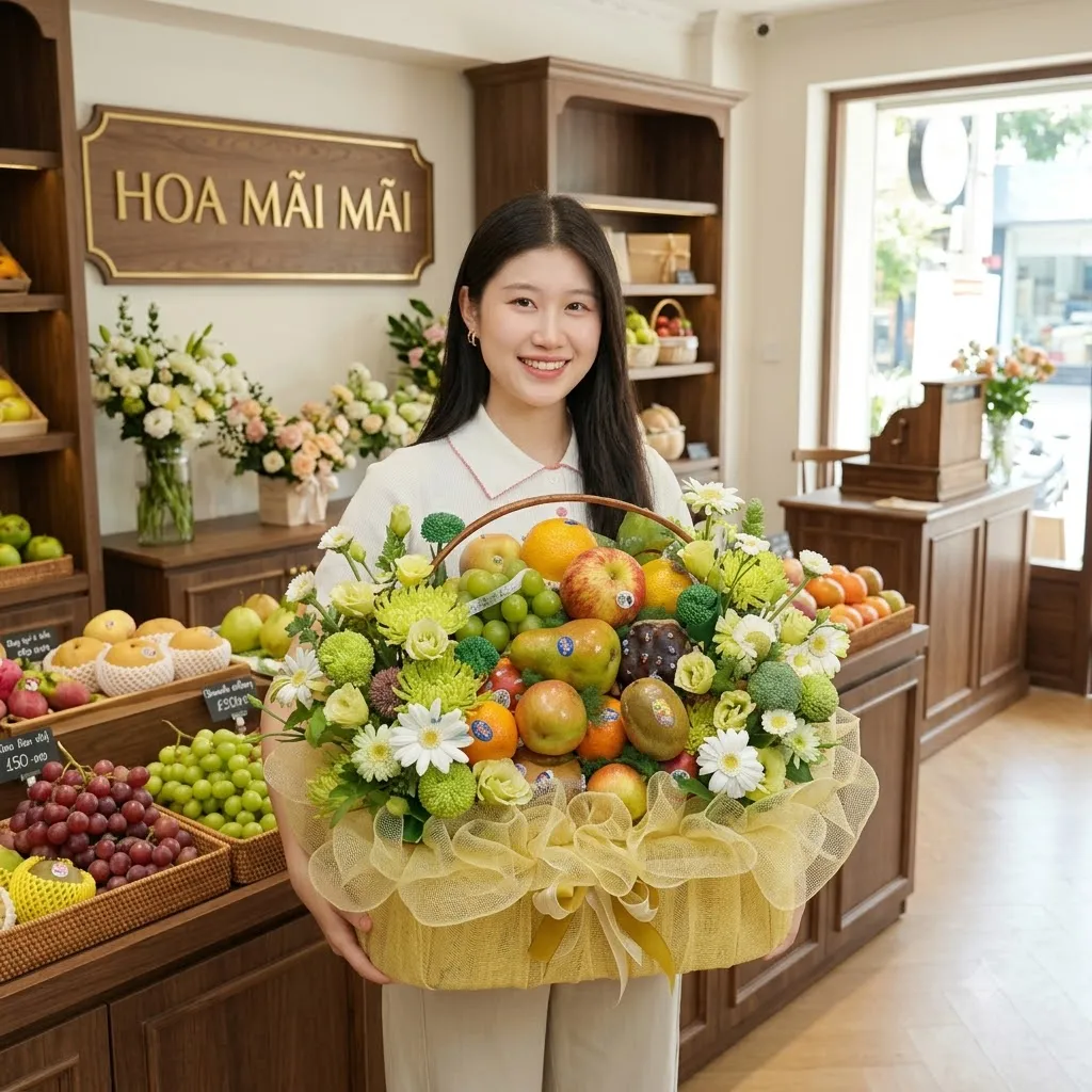 Cô gái cầm giỏ trái cây tại quầy trưng bày cửa hàng tại Huyện Kiên Lương, Kiên Giang