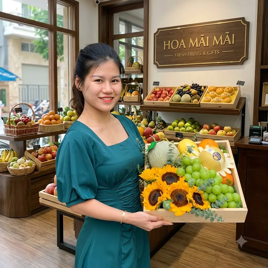 Nhân viên bế khay trái cây phối hoa hướng dương tại cửa hàng tại Huyện Kiến Thuỵ, Hải Phòng