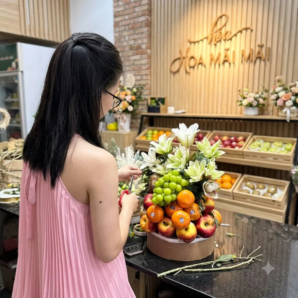 Cô gái trang trí giỏ trái cây tại quầy cửa hàng tại Huyện Kiến Thuỵ, Hải Phòng
