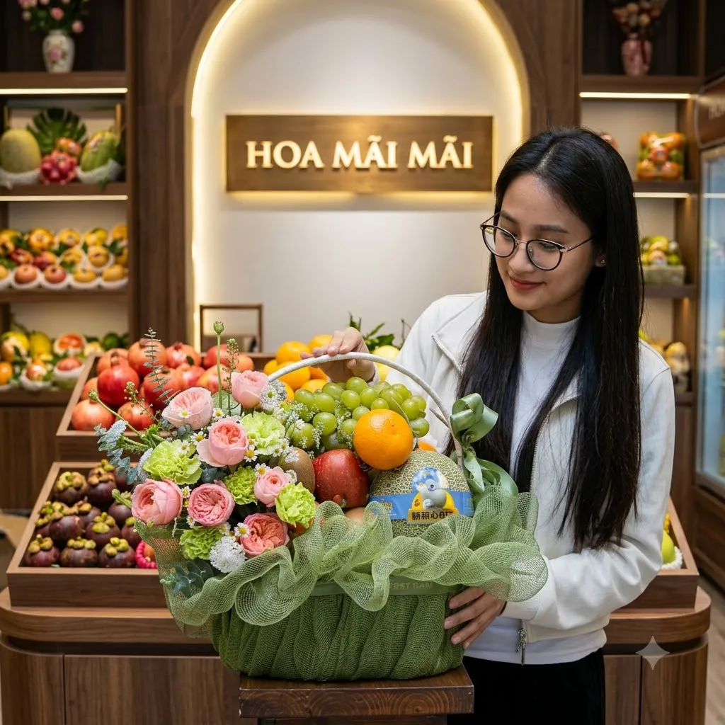 Góc trưng bày giỏ trái cây tại cửa hàng hoa quả tại Huyện Kiên Lương, Kiên Giang