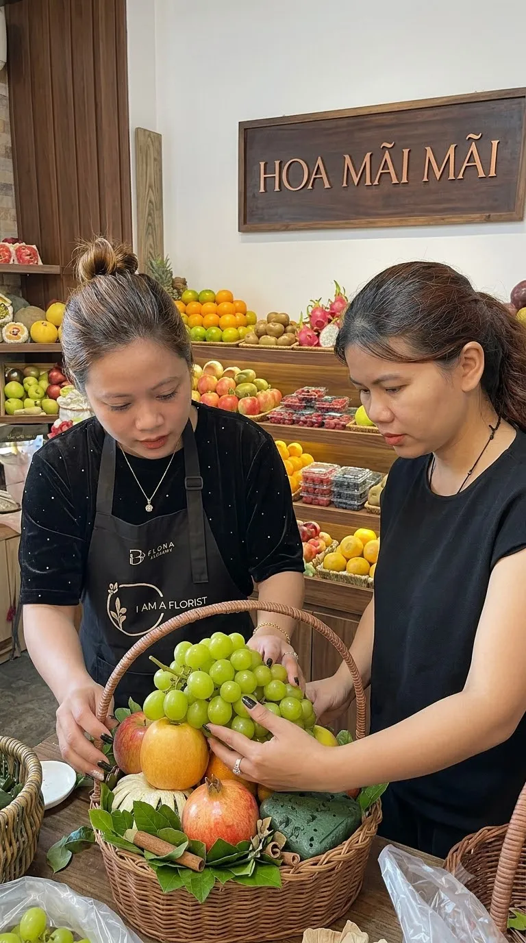 Hai nhân viên gói giỏ trái cây nho xanh táo lựu tại cửa hàng tại Huyện Kiến Thuỵ, Hải Phòng
