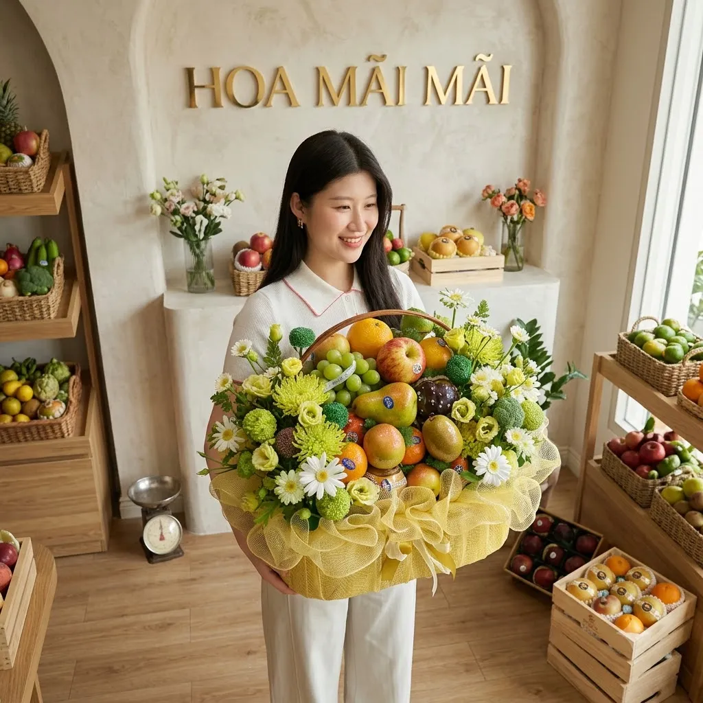 Cô gái ôm giỏ trái cây phối hoa cúc vàng trước cửa hàng tại Huyện Đắk Glong, Đăk Nông