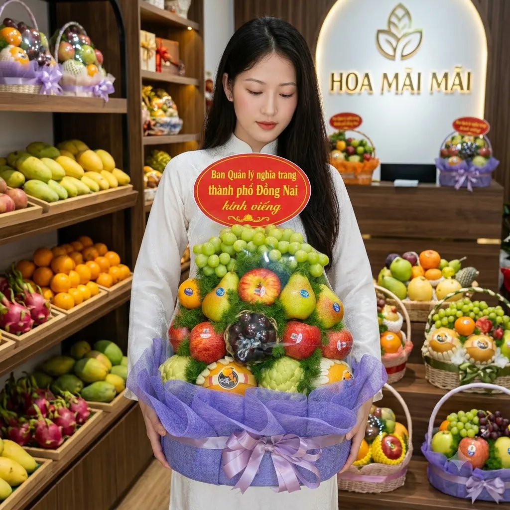 Cô gái áo dài ôm giỏ trái cây tang lễ bọc lưới tím tại Huyện Đắk Glong, Đăk Nông