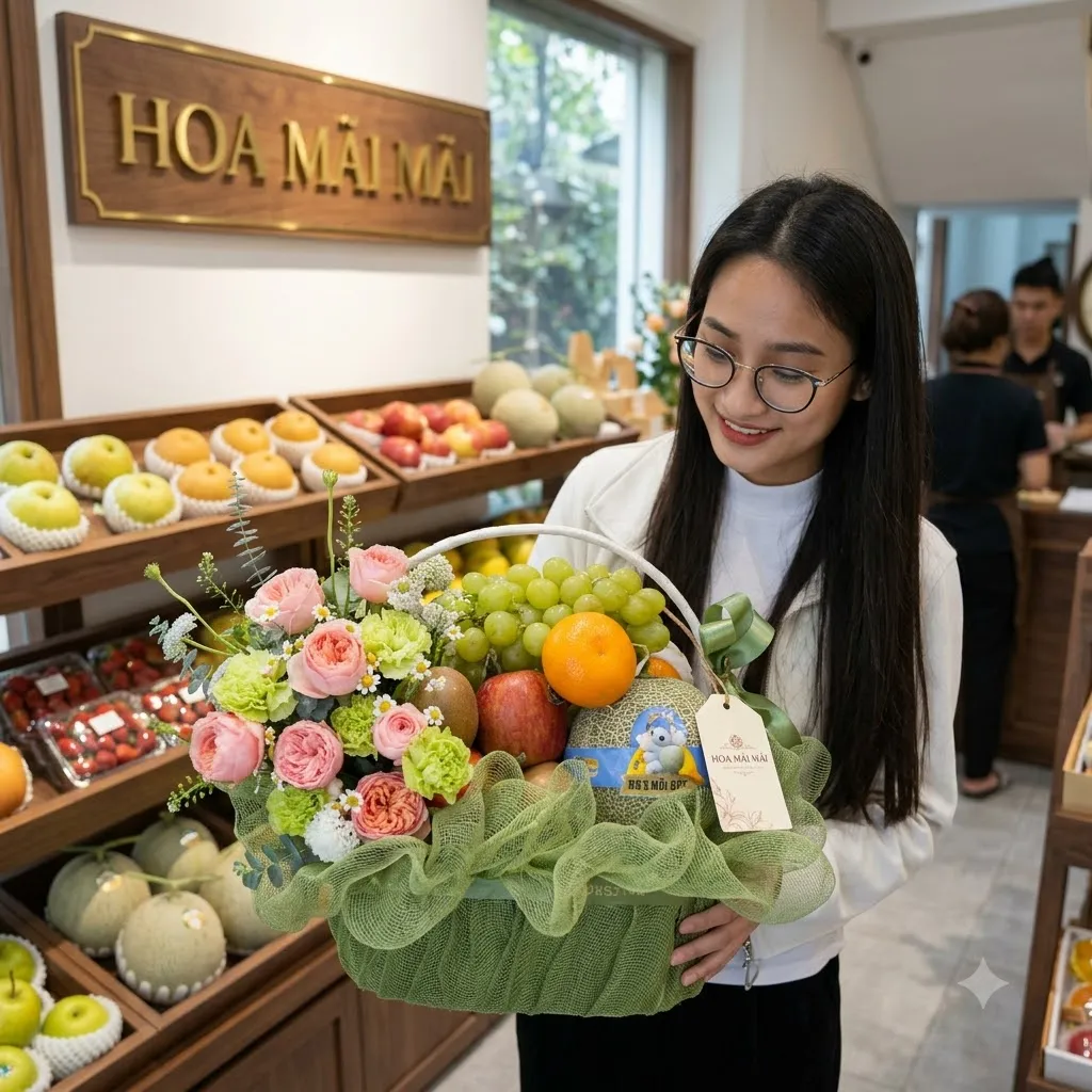 Cô gái ôm giỏ trái cây phối hoa hồng bọc lưới xanh tại Châu Thành, Long An