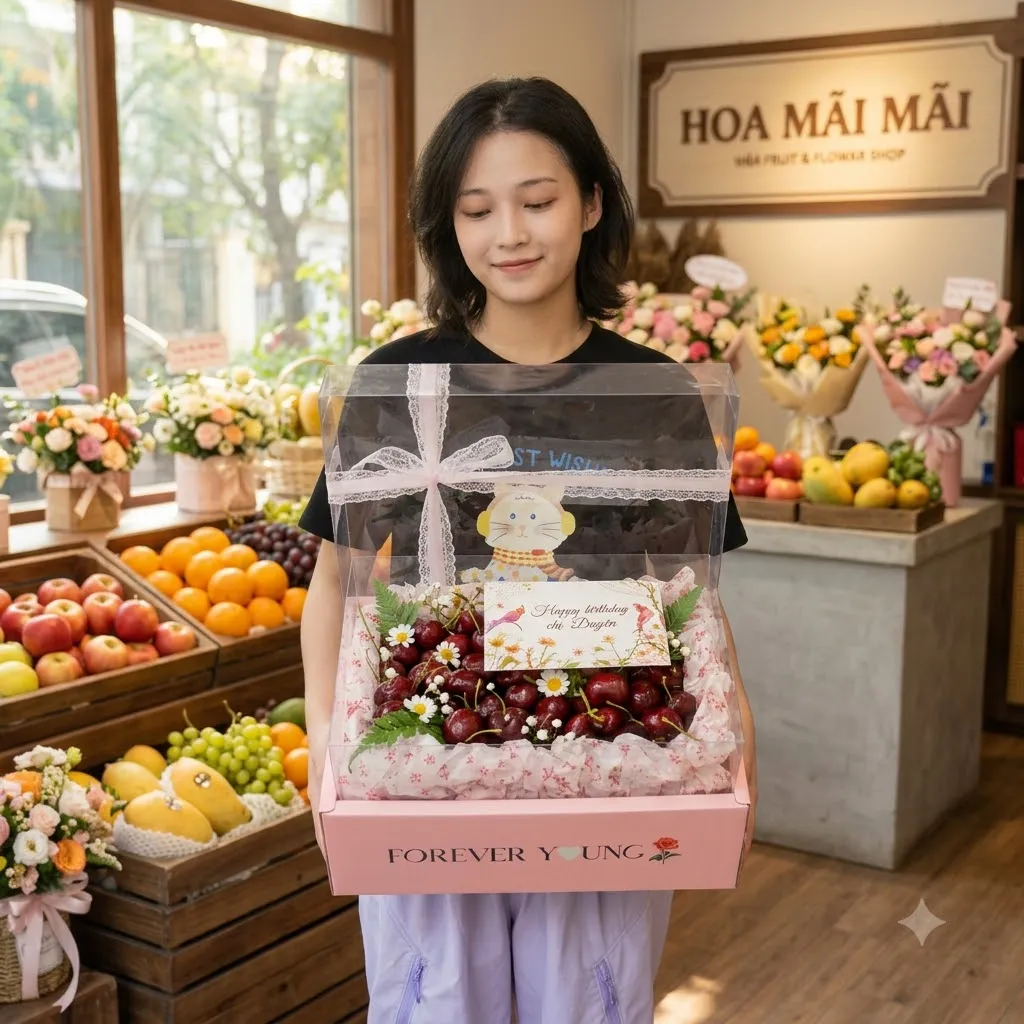 Hộp quà cherry đỏ trang trí nơ hồng mừng sinh nhật tại Châu Thành, Long An