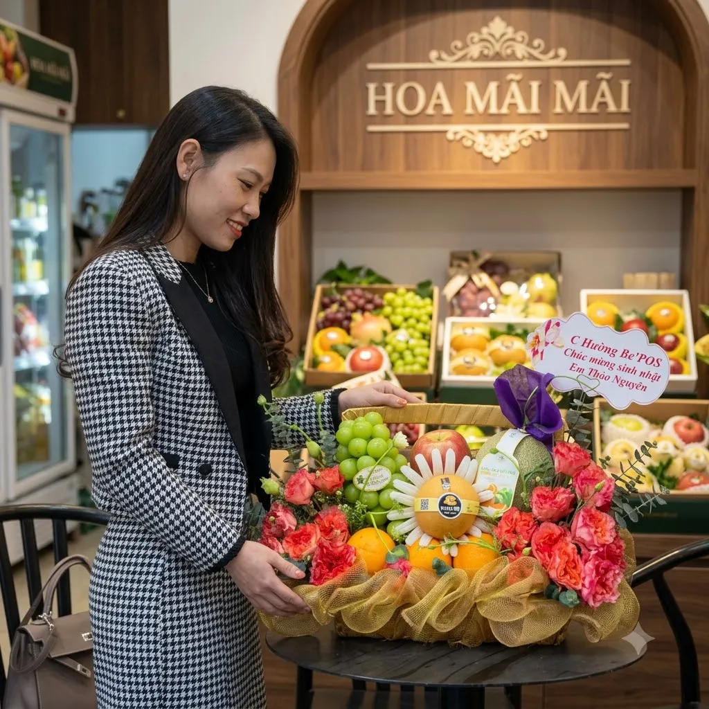 Cô gái áo caro ôm giỏ trái cây phối hoa cẩm chướng đỏ tại Huyện Kim Bảng, Hà Nam