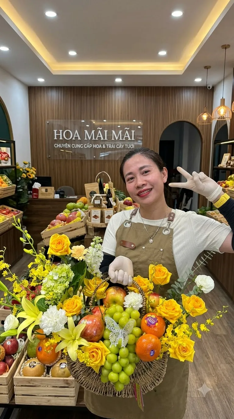 Nhân viên tạo dáng bên giỏ trái cây phối hoa vàng trắng tại K’Bang, Gia Lai