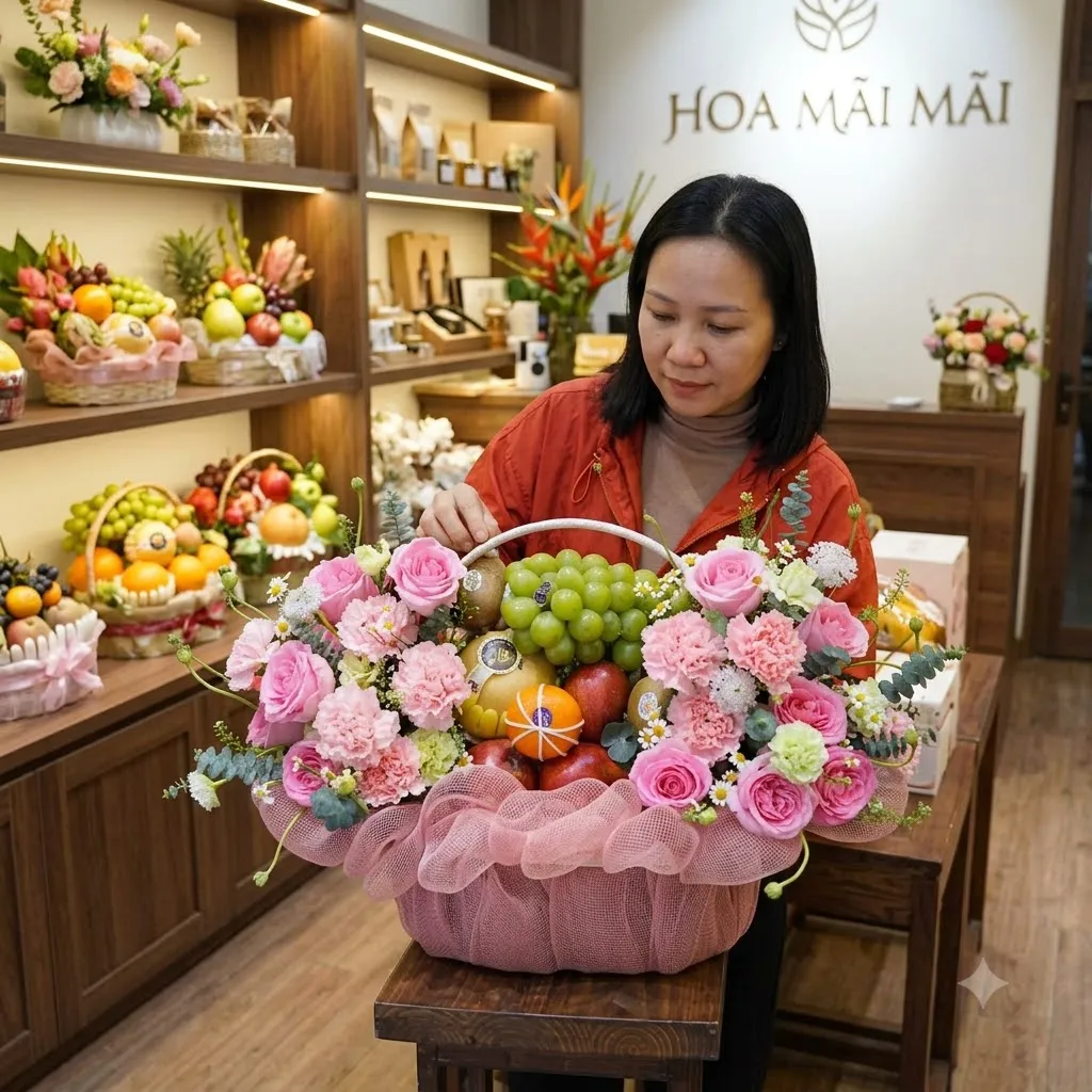 Nhân viên áo cam cắm giỏ trái cây phối hoa cẩm chướng hồng tại Châu Thành, Long An