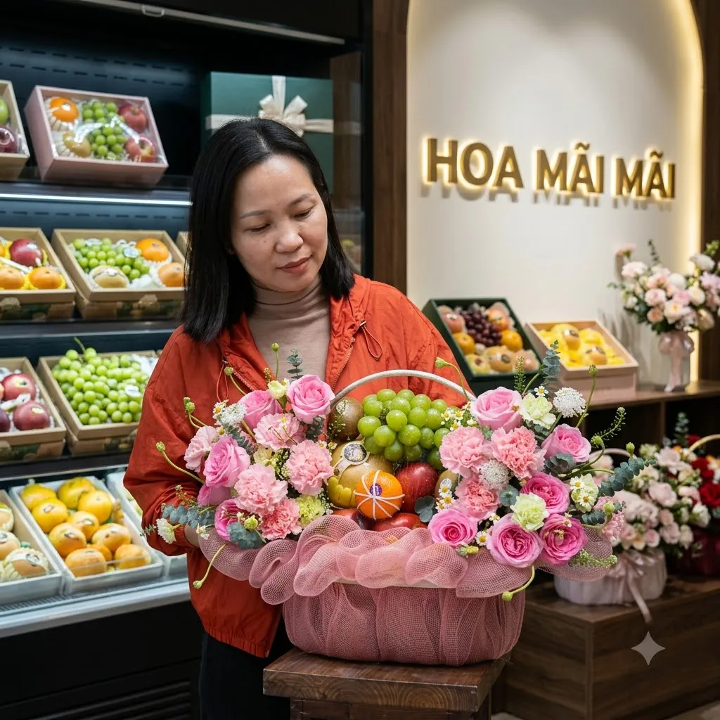 Nhân viên áo cam ôm giỏ trái cây phối hoa hồng bọc lưới hồng tại Châu Thành, Long An