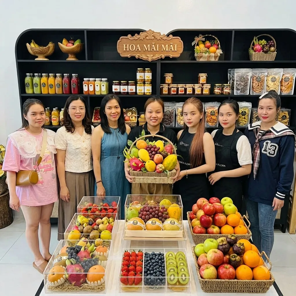 Nhóm nhân viên chụp ảnh cùng giỏ trái cây và các khay quả tươi tại Châu Thành, Long An