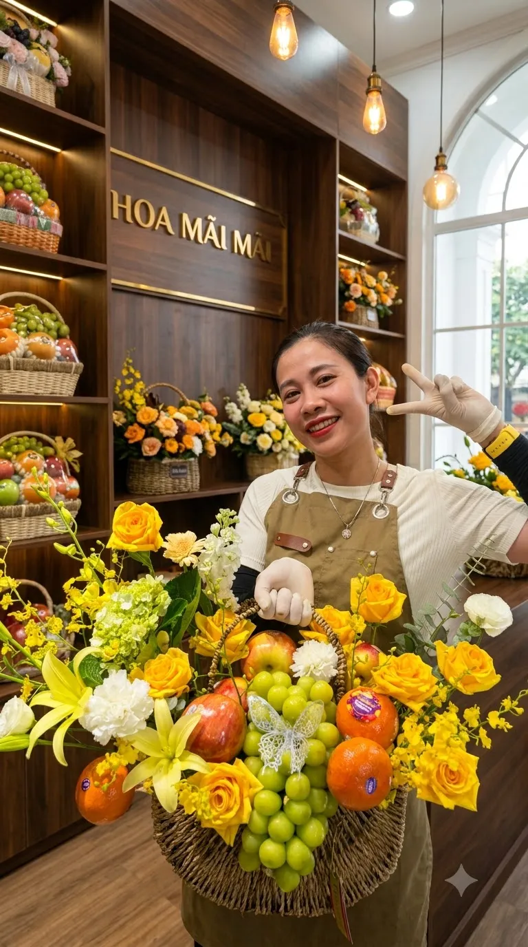 Nhân viên tạo dáng bên giỏ trái cây phối hoa hồng vàng tại K’Bang, Gia Lai