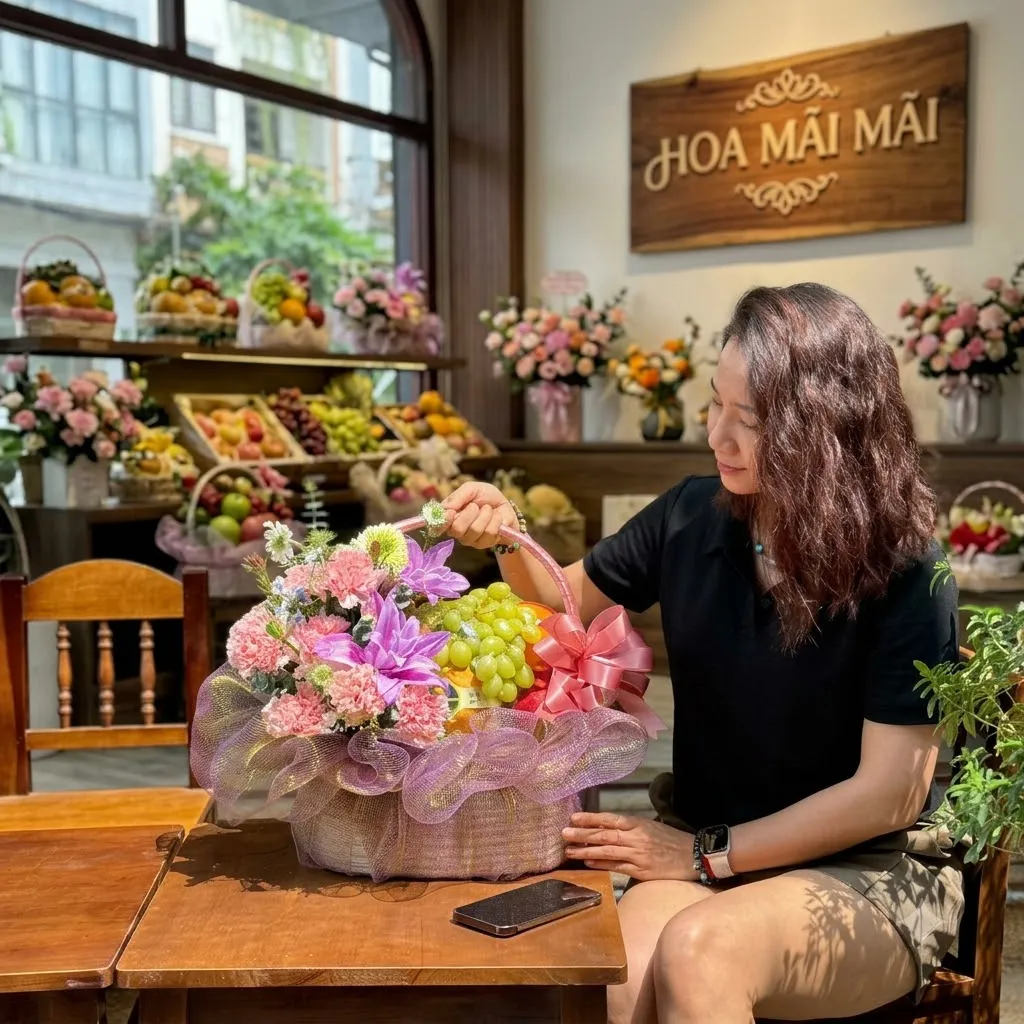 Nhân viên hoàn thiện giỏ trái cây phối hoa tím trên bàn gỗ tại Mỹ Đức Hà Nội