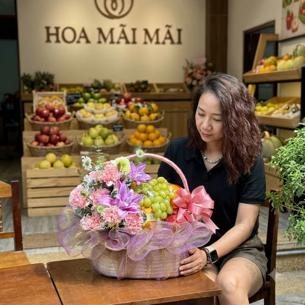 Nhân viên ngồi chỉnh giỏ trái cây phối hoa tím hồng tại Thuận Bắc, Ninh Thuận