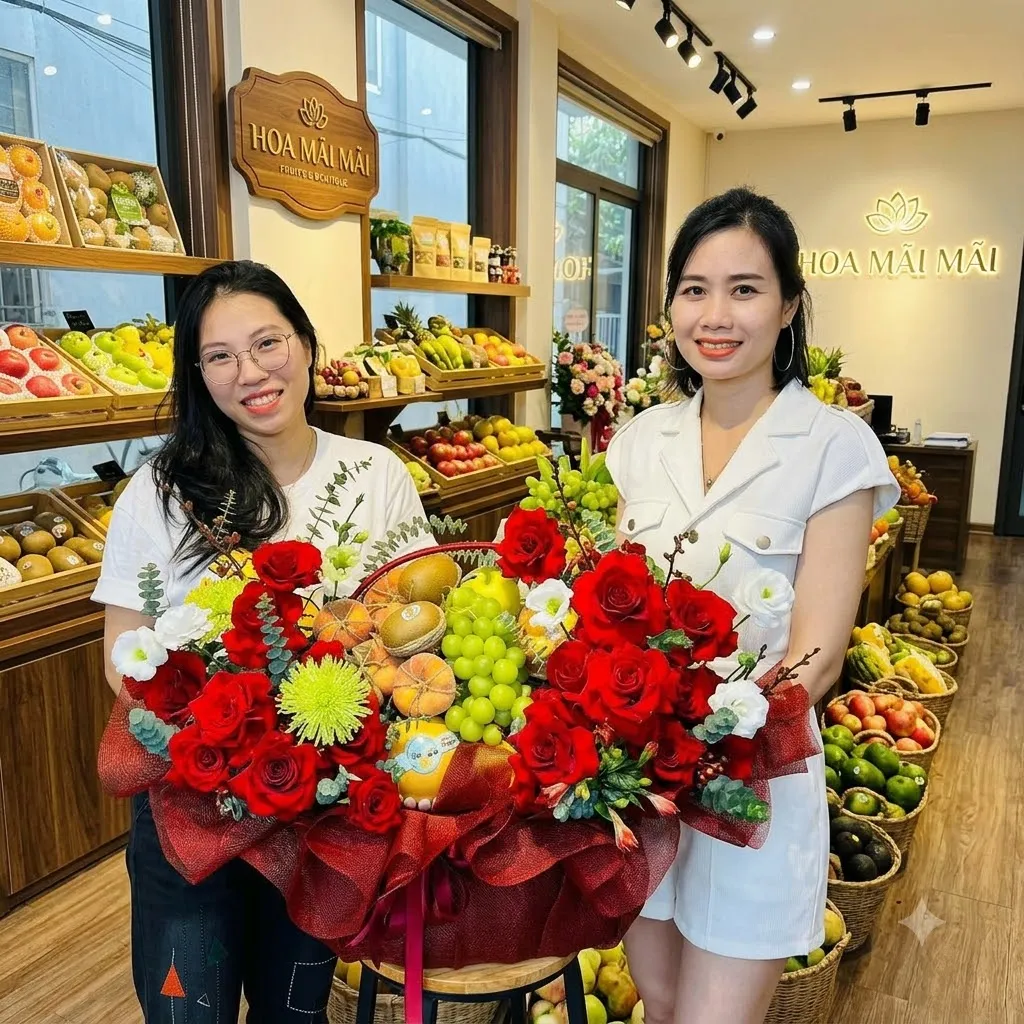 Hai cô gái bưng giỏ trái cây phối hoa hồng đỏ lớn tại Huyện Kim Động, Hưng Yên