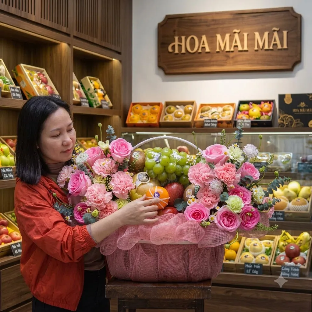 Nhân viên áo cam chỉnh giỏ trái cây phối hoa hồng lớn tại Thuận Bắc, Ninh Thuận