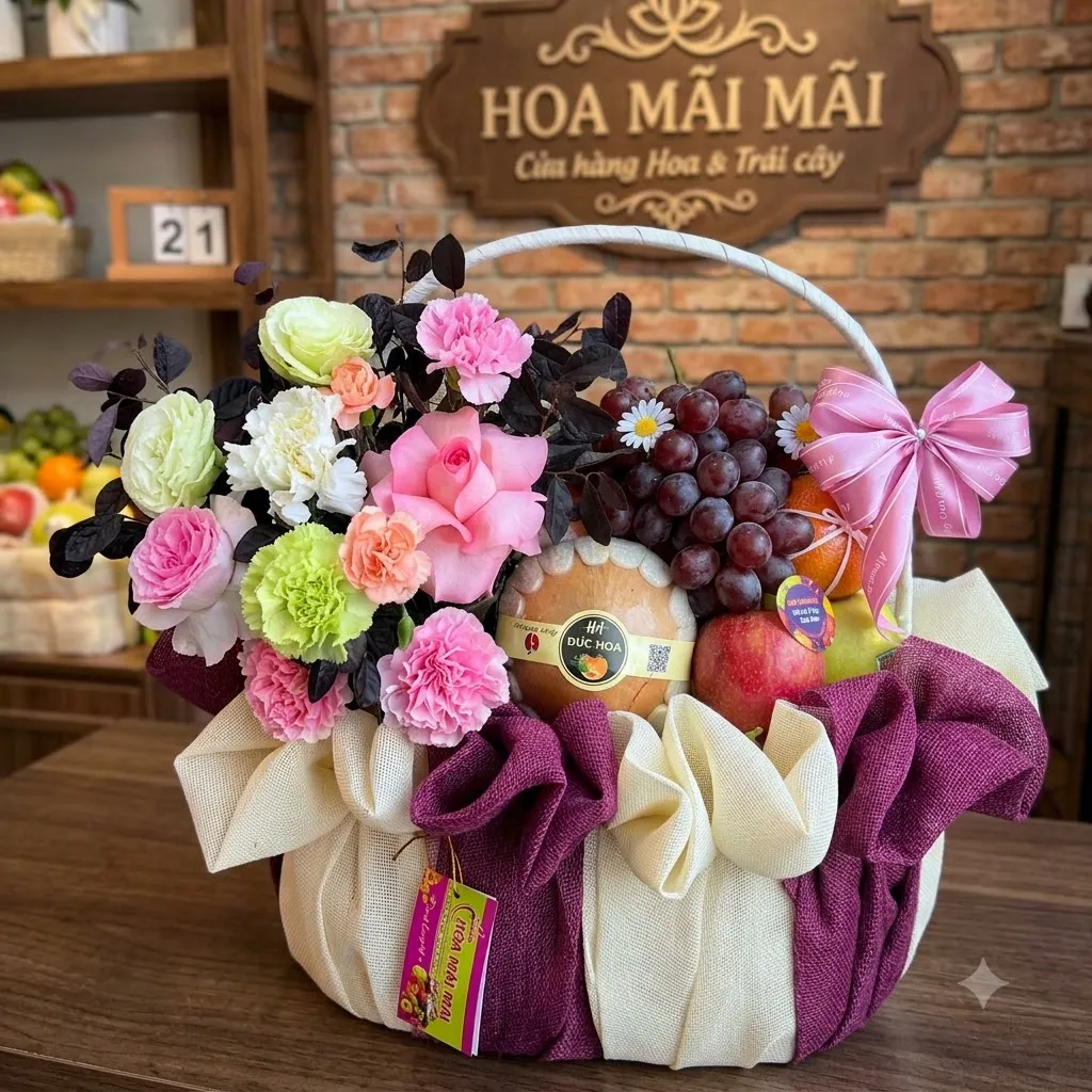 Giỏ trái cây phối hoa cẩm chướng bọc vải tím kem tại Huyện Kim Động, Hưng Yên