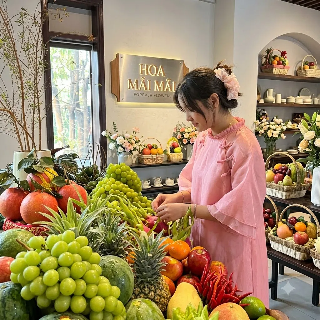 Nhân viên sắp xếp mâm trái cây nhiều loại trên bàn tại Huyện Kim Động, Hưng Yên