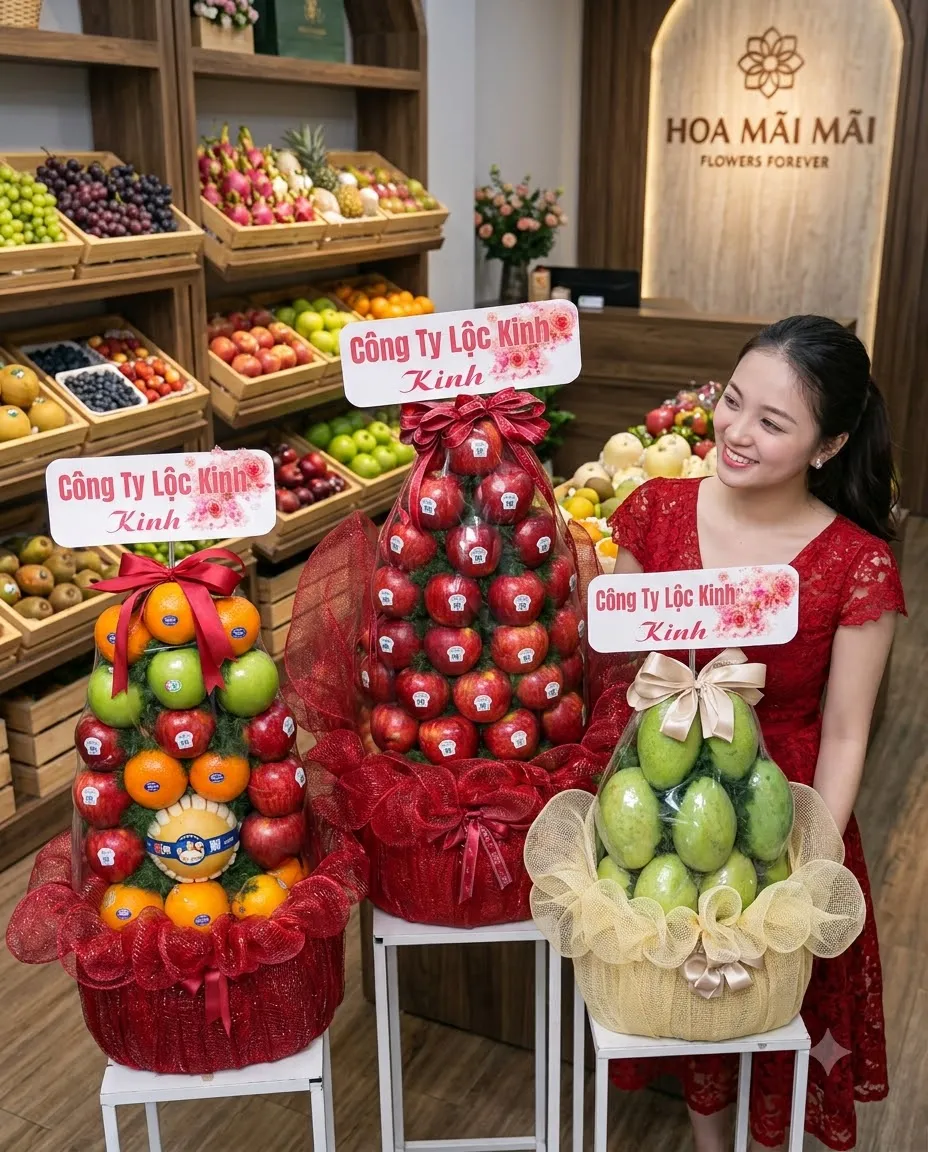 Ba tháp trái cây táo cam bơ trang trí băng rôn công ty tại Mỹ Đức Hà Nội