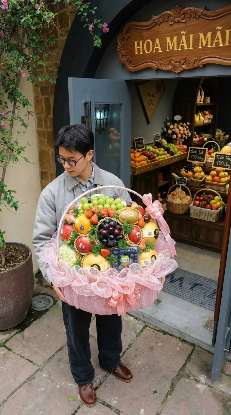 Người đàn ông xách giỏ trái cây trước cửa hàng tại Huyện Xuân Lộc, Đồng Nai