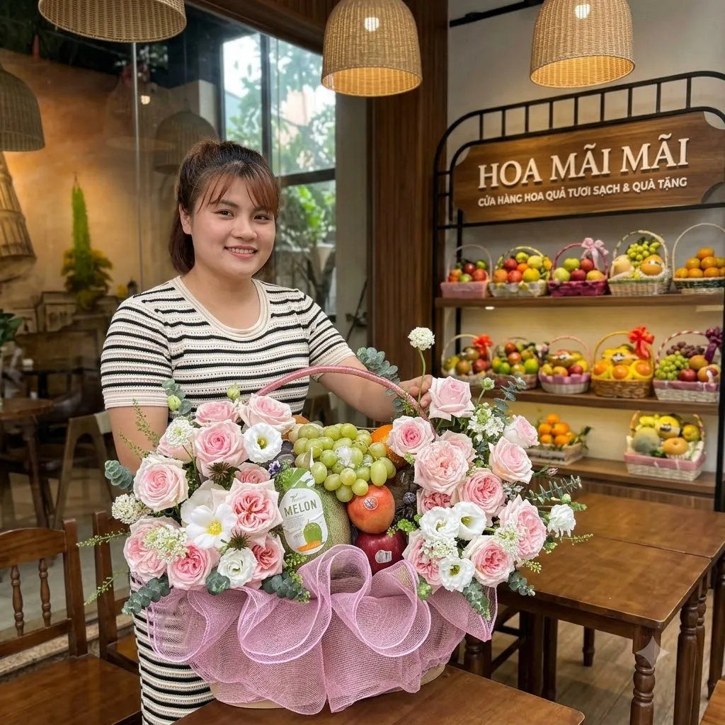 Cô gái áo sọc ôm giỏ trái cây phối hoa hồng trắng tại Huyện Kim Động, Hưng Yên