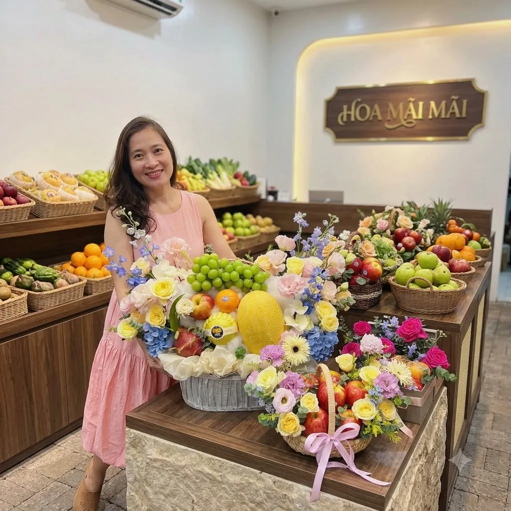 Nhân viên đứng cạnh bàn trưng bày nhiều giỏ trái cây tại Phước Long, Bạc Liêu