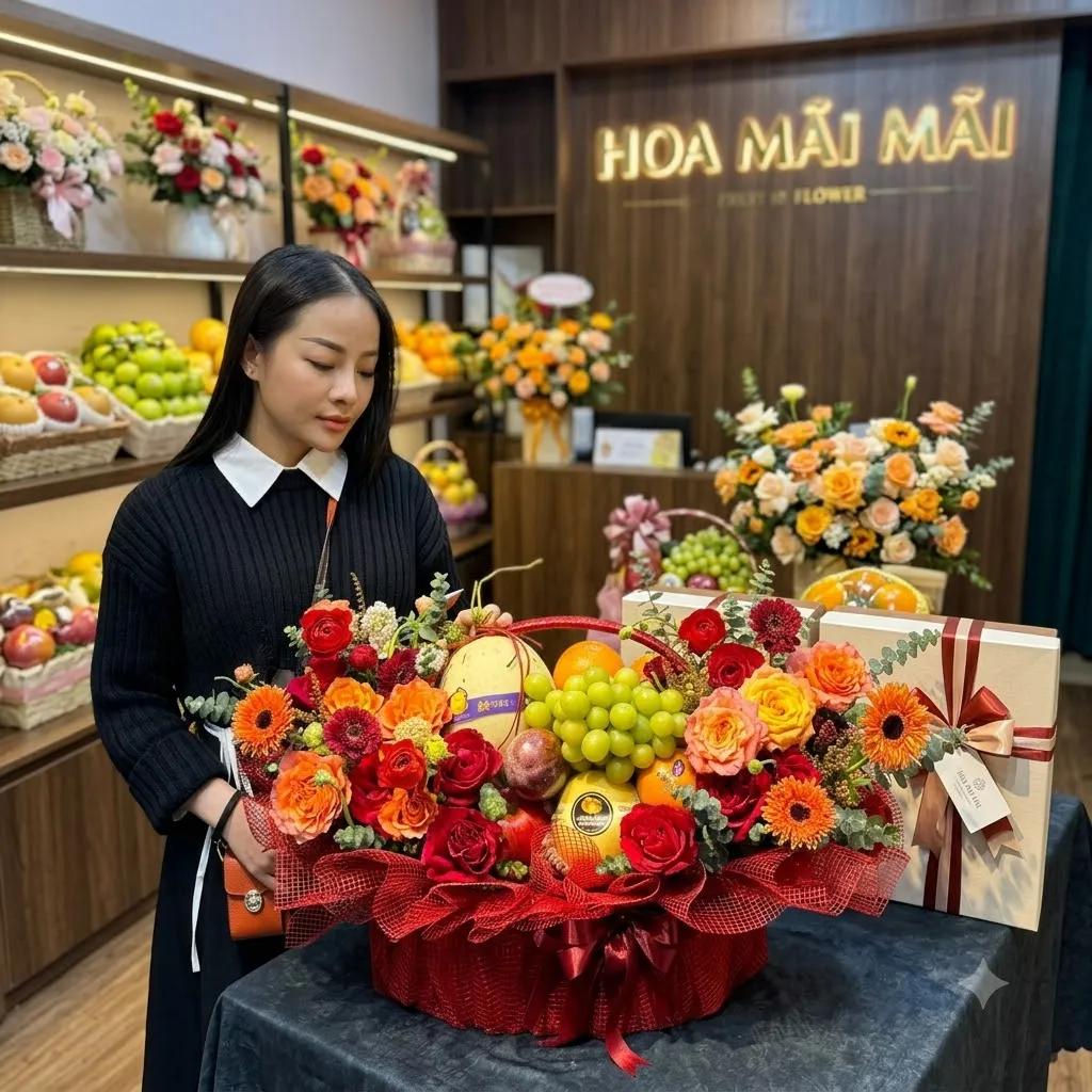 Cô gái đứng cạnh giỏ trái cây phối hoa đỏ cam lớn tại Phước Long, Bạc Liêu